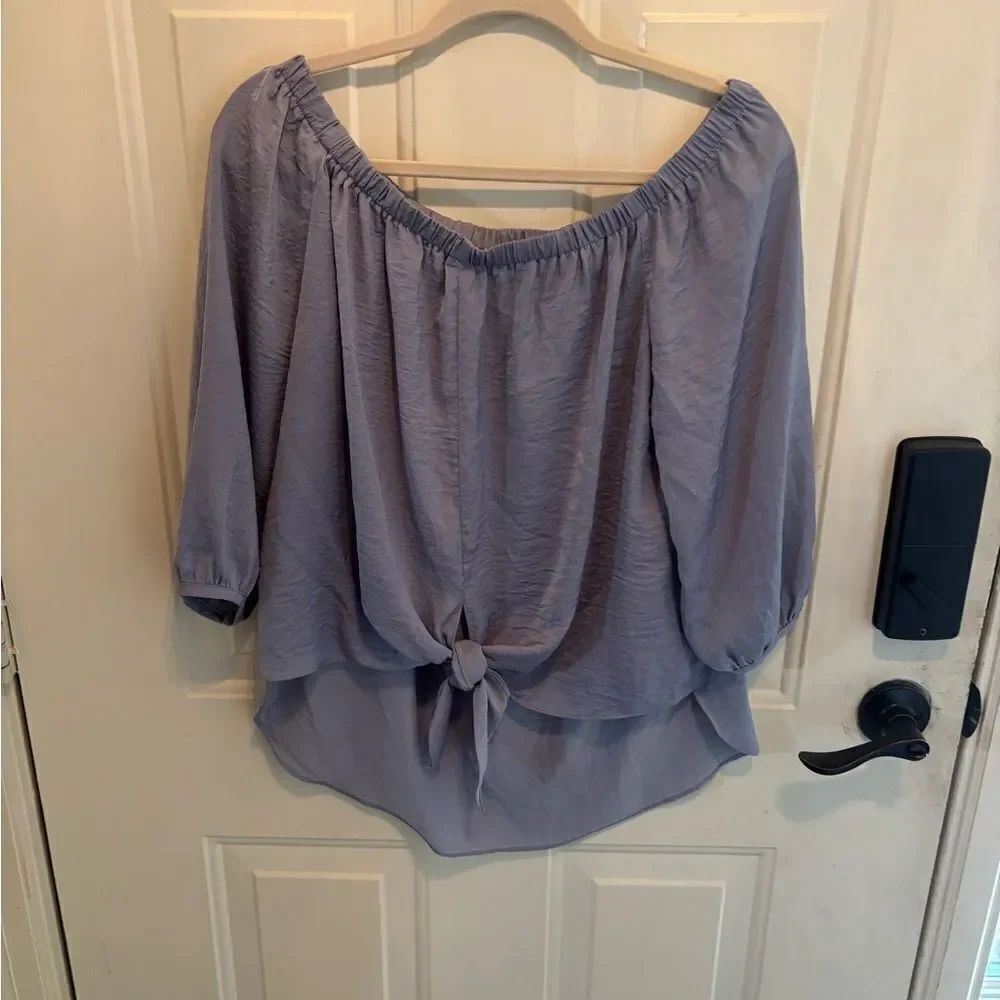 Jondie Chambray Blue 3/4 Sleeve Tie Front Blouse - Picture 5 of 6